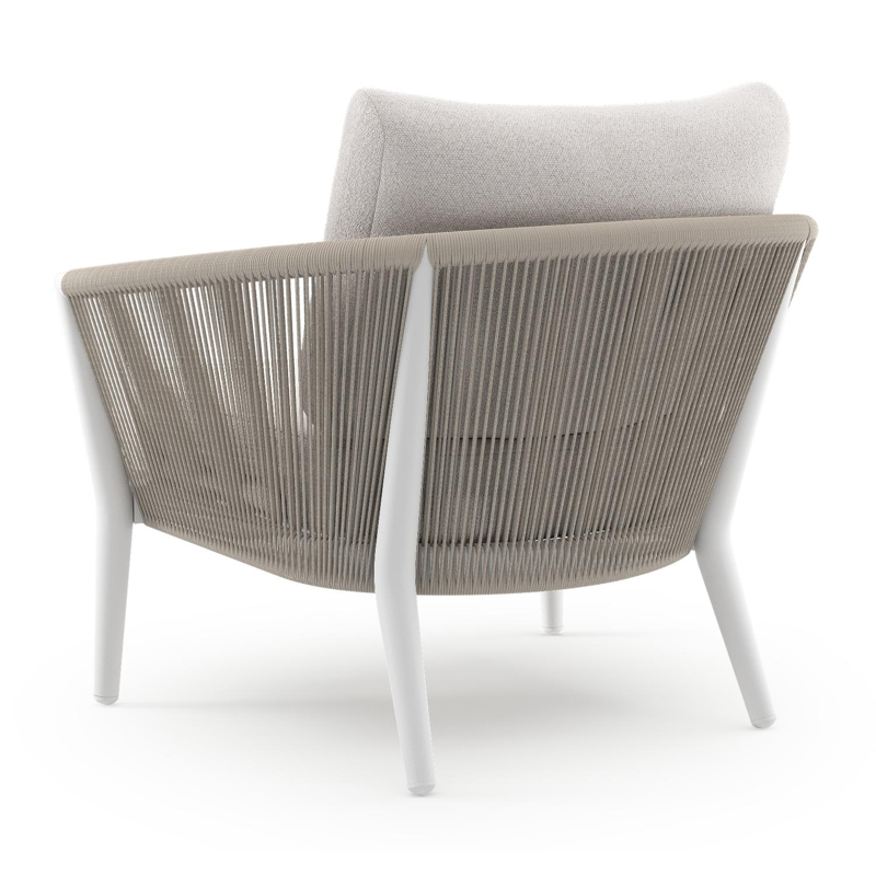 Fauteuil de jardin Orso en aluminium blanc en corde ronde tissée verticalement beige et coussins en all weather solica Ego Eggshell