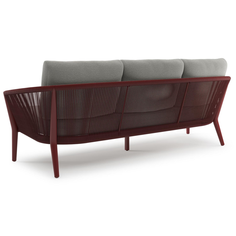 Canapé de jardin Orso en aluminium ruby en corde ronde tissée verticalement ruby et coussins en all weather sunbrella® luxe Savane Zinc