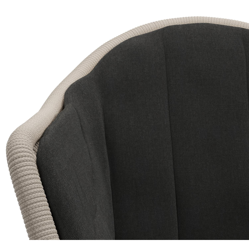 Chaise de jardin Pagino en teck naturel et corde ronde tissée verticalement beige avec coussin en All Weather Sunbrella® Luxe Natte Sooty