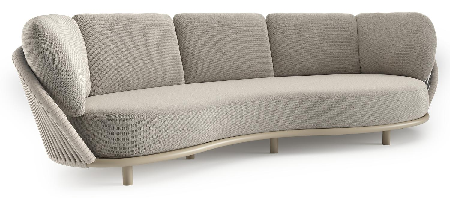 Lupino loungebank in beige aluminium en beige verticaal geweven luxe vlakke brede rope met firenze sand all weather solica kussen