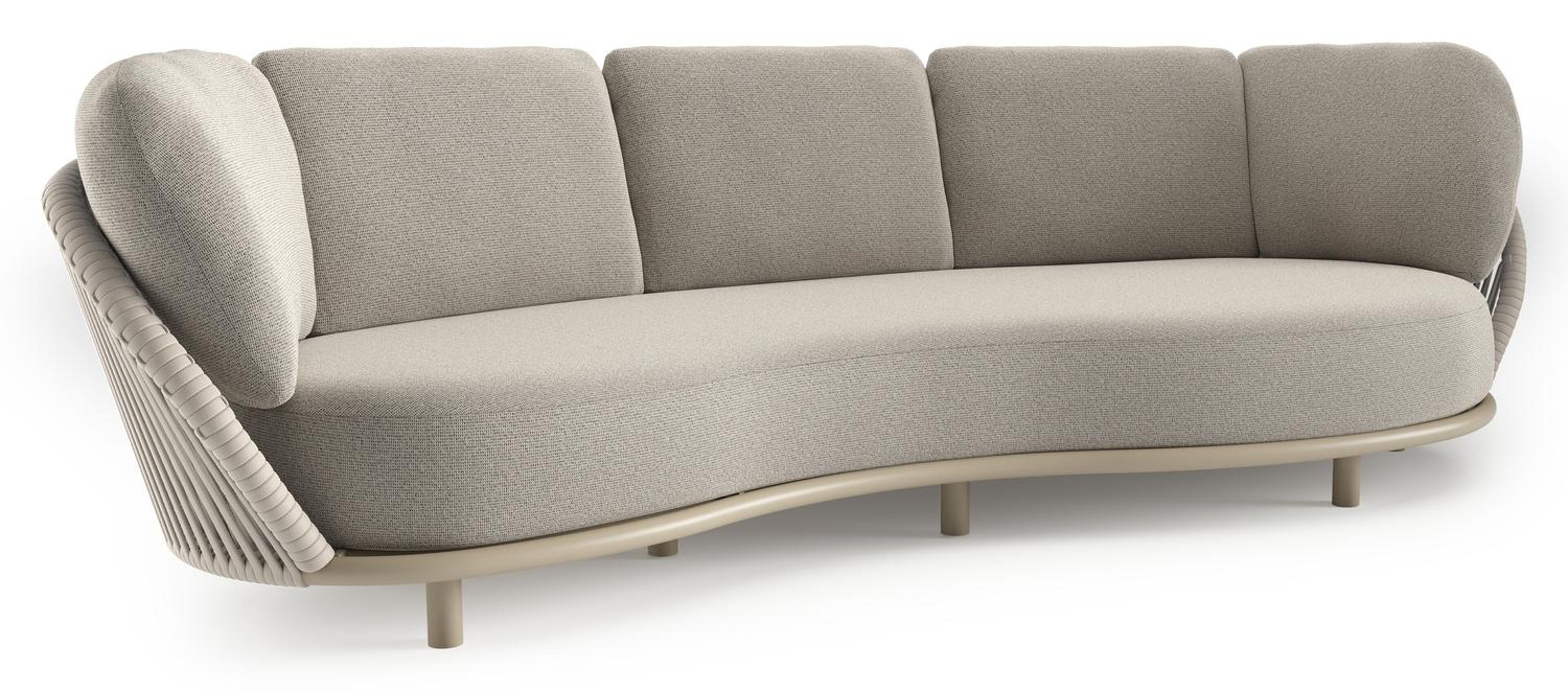 Lupino loungebank in beige aluminium en beige verticaal geweven luxe vlakke brede rope met firenze sand all weather solica kussen