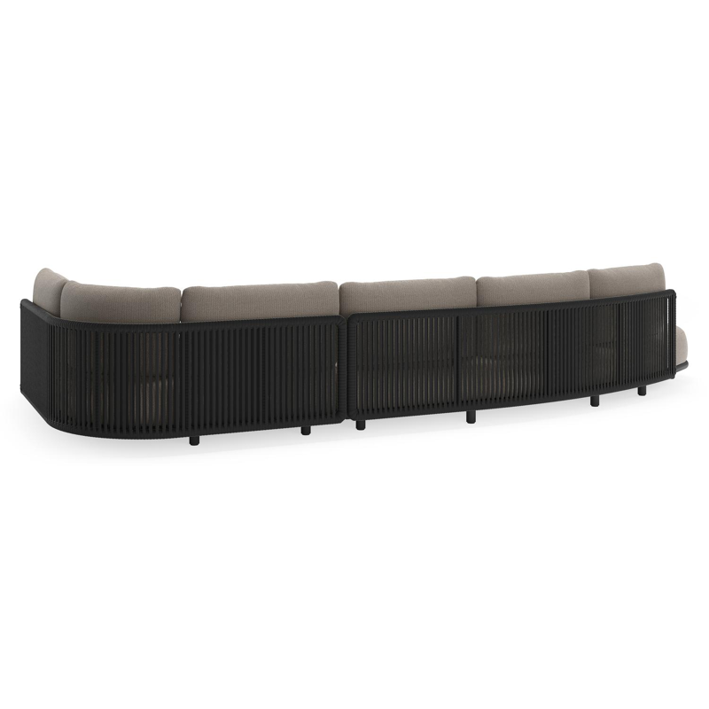 Lomano loungehoek in zwart aluminium en zwart verticaal geweven luxe vlakke rope met lopi pepper all weather sunbrella® luxe kussen