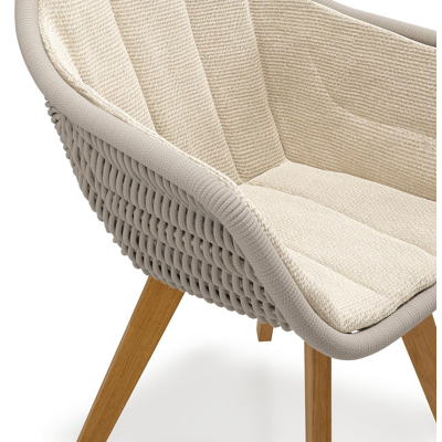Pagino tuinstoel in teak en beige verticaal geweven ronde rope met zitkussen in All Weather Cosytica Althea Chalk