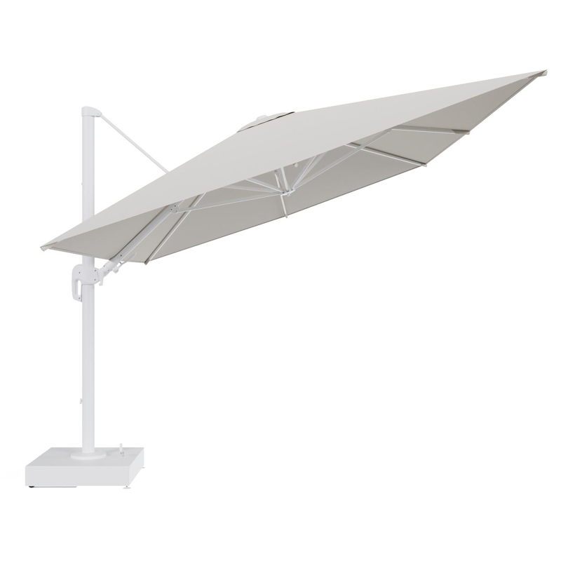 Rufina zweefparasol met tiltfunctie in wit aluminium en Lopi Marble All Weather Sunbrella® Luxe parasoldoek - L1 400 x L2 300 cm met parasolvoet Minore 150 kg met wielen