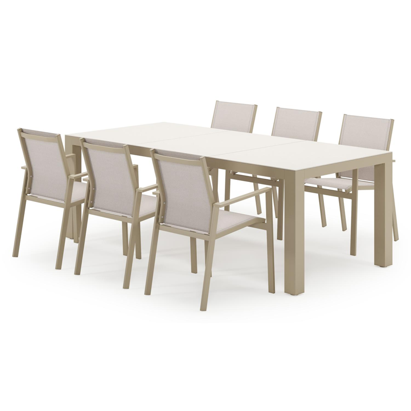 Calzo tuinset in beige aluminium en beige sintered stone met 6 stapelbare Bahia tuinstoelen