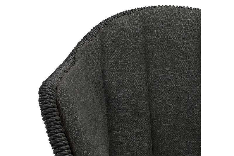 Pagino tuinstoel in zwart aluminium en zwart ronde wicker met kussen in chartres sooty all weather sunbrella® luxe