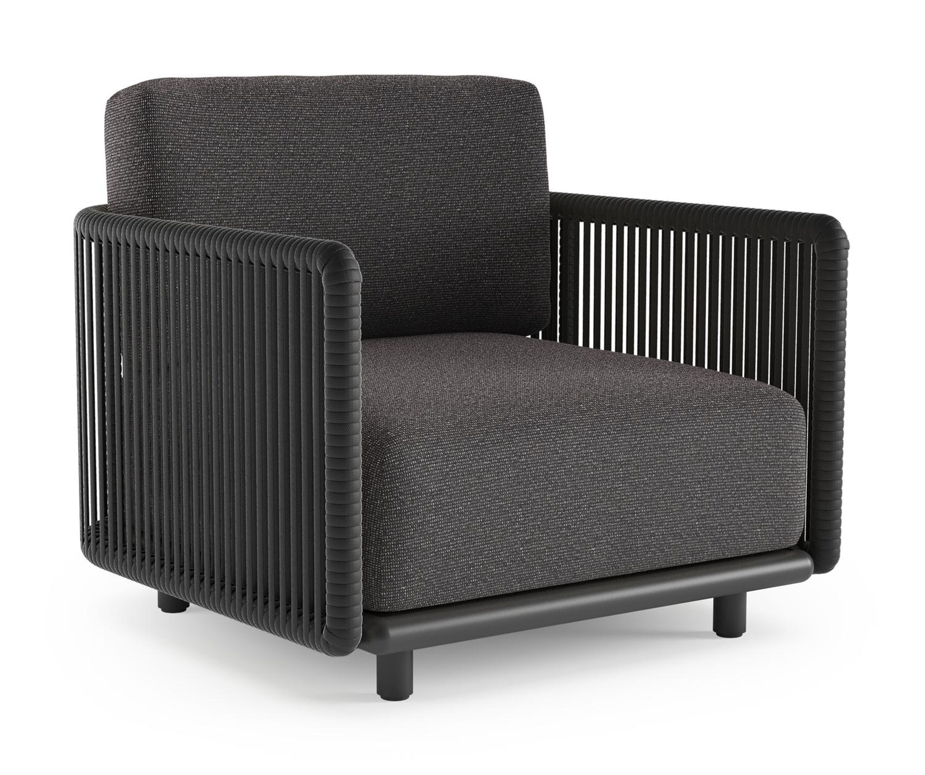 Organo loungestoel in zwart aluminium en zwart verticaal geweven luxe vlakke rope met firenze tunder all weather Solica kussen