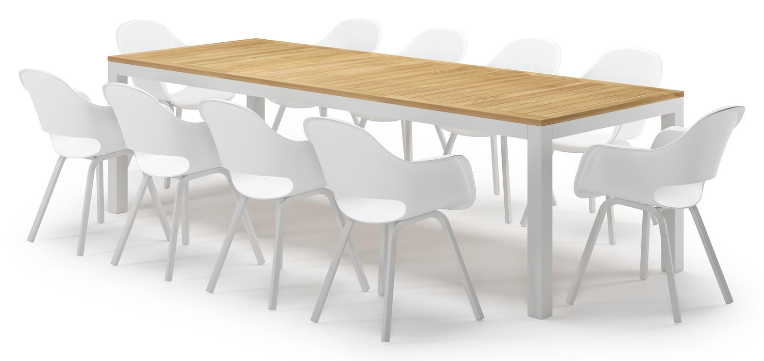 Varese tuinset in wit aluminium en naturel teak tafelblad met 10 Artena tuinstoelen