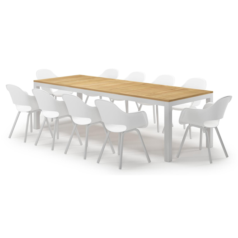 Varese tuinset in wit aluminium en naturel teak tafelblad met 10 Artena tuinstoelen