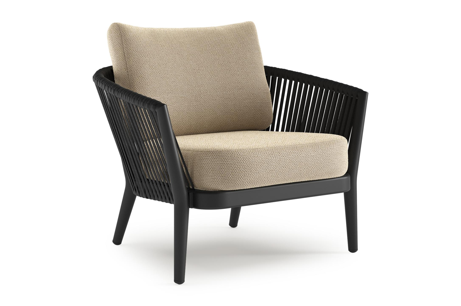 Orso loungestoel in zwart aluminium en zwart verticaal geweven ronde rope met Althea Camel all weather cosytica kussen