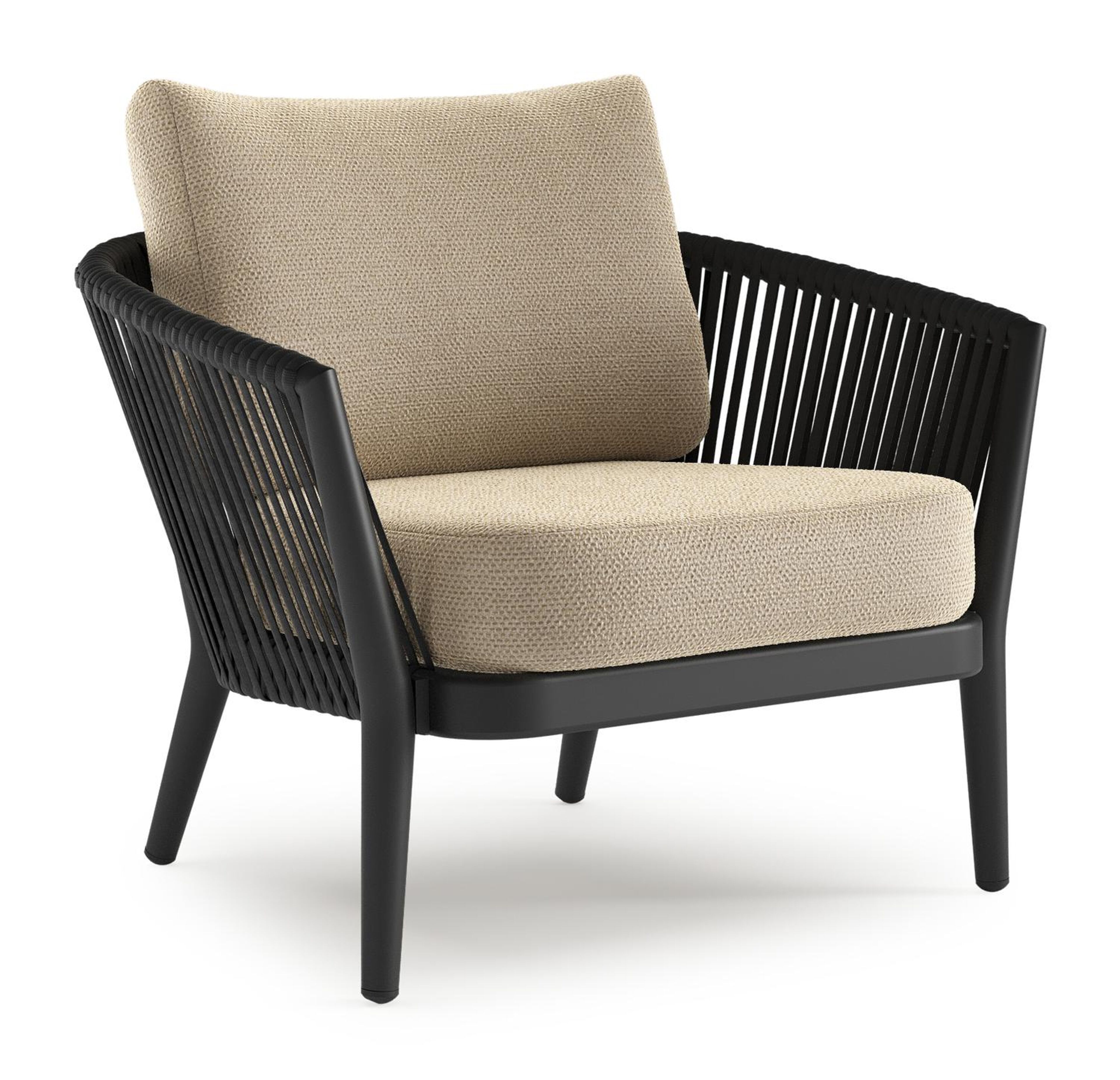 Fauteuil de jardin Orso en aluminium noir en corde luxe plate tissée verticalement noir et coussins en all weather cosytica Althea Camel