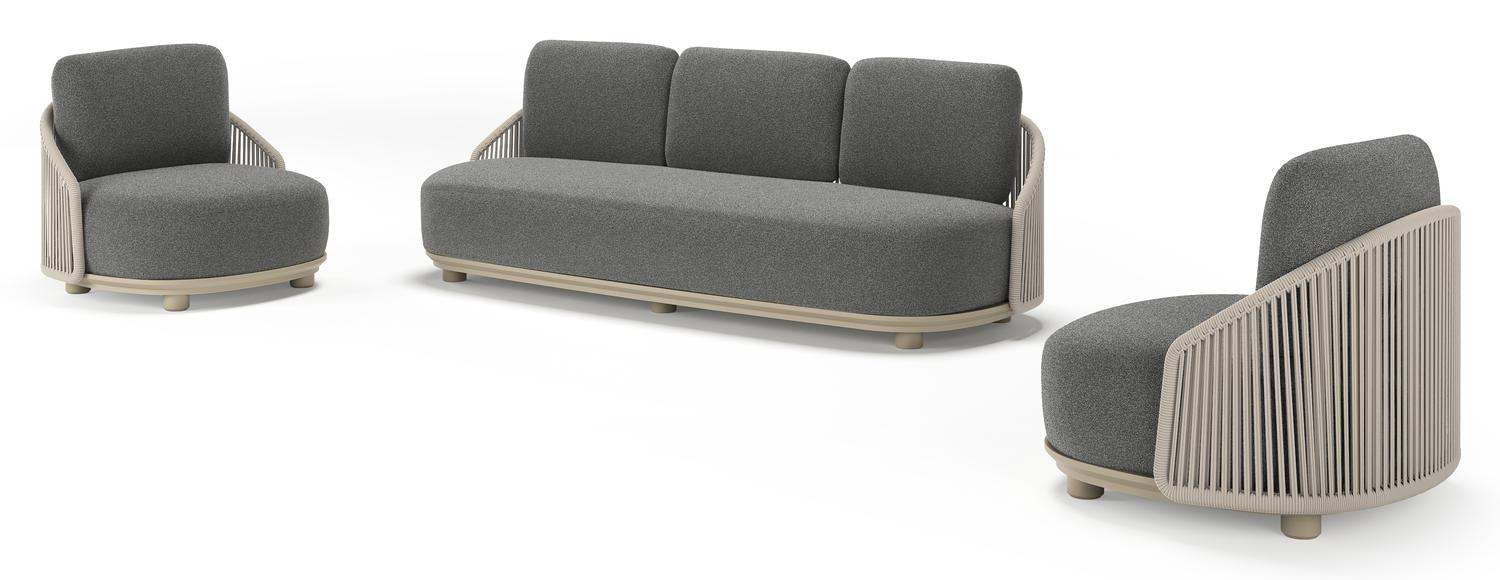Vadelo loungeset in beige aluminium en beige verticaal geweven ronde rope met catania black all weather cosytica kussen