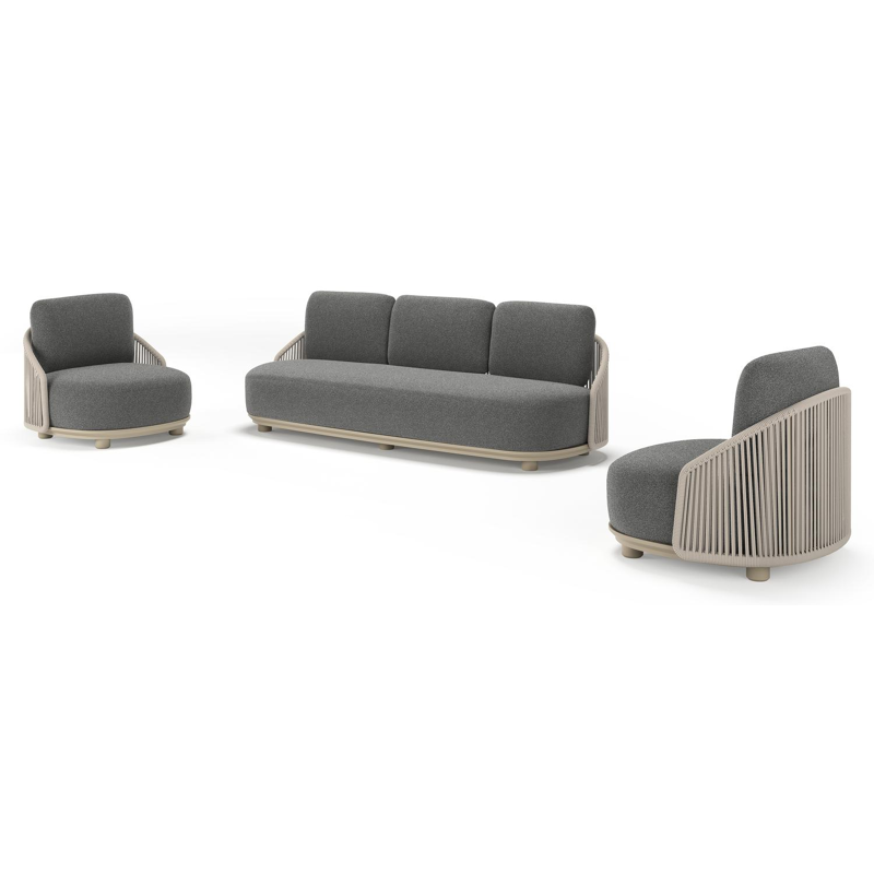 Salon de jardin Vadelo en aluminium beige et corde ronde tissée verticalement beige et coussins en all weather cosytica catania black