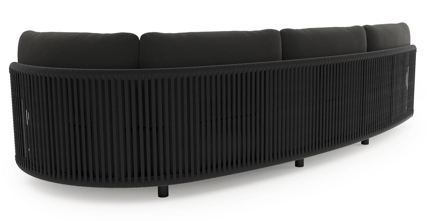 Lomano loungebank in zwart aluminium en zwart verticaal geweven luxe vlakke rope met natte sooty all weather sunbrella® luxe kussen