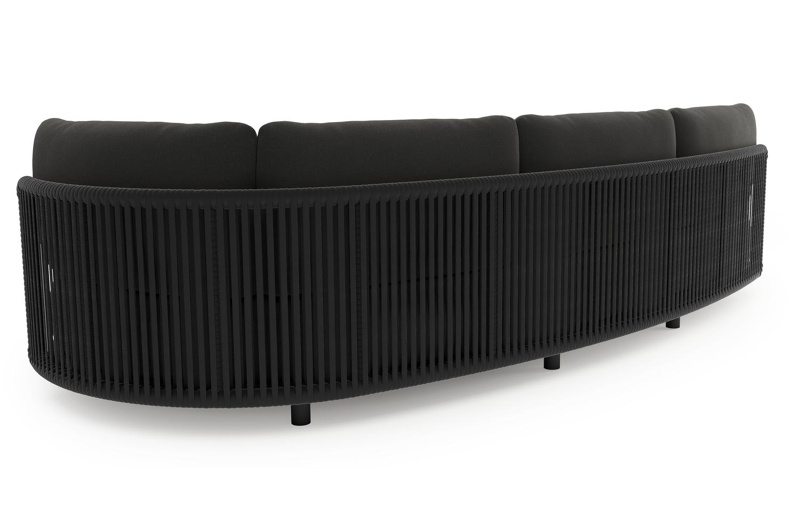 Lomano loungebank in zwart aluminium en zwart verticaal geweven luxe vlakke rope met natte sooty all weather sunbrella® luxe kussen