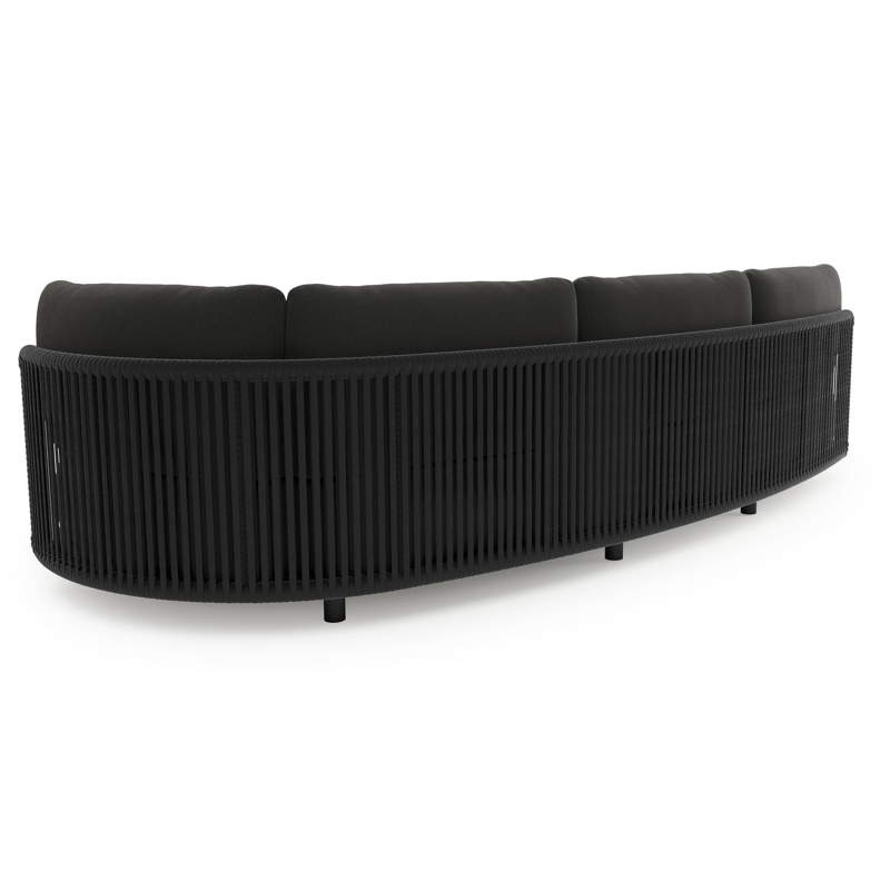 Lomano loungebank in zwart aluminium en zwart verticaal geweven luxe vlakke rope met natte sooty all weather sunbrella® luxe kussen