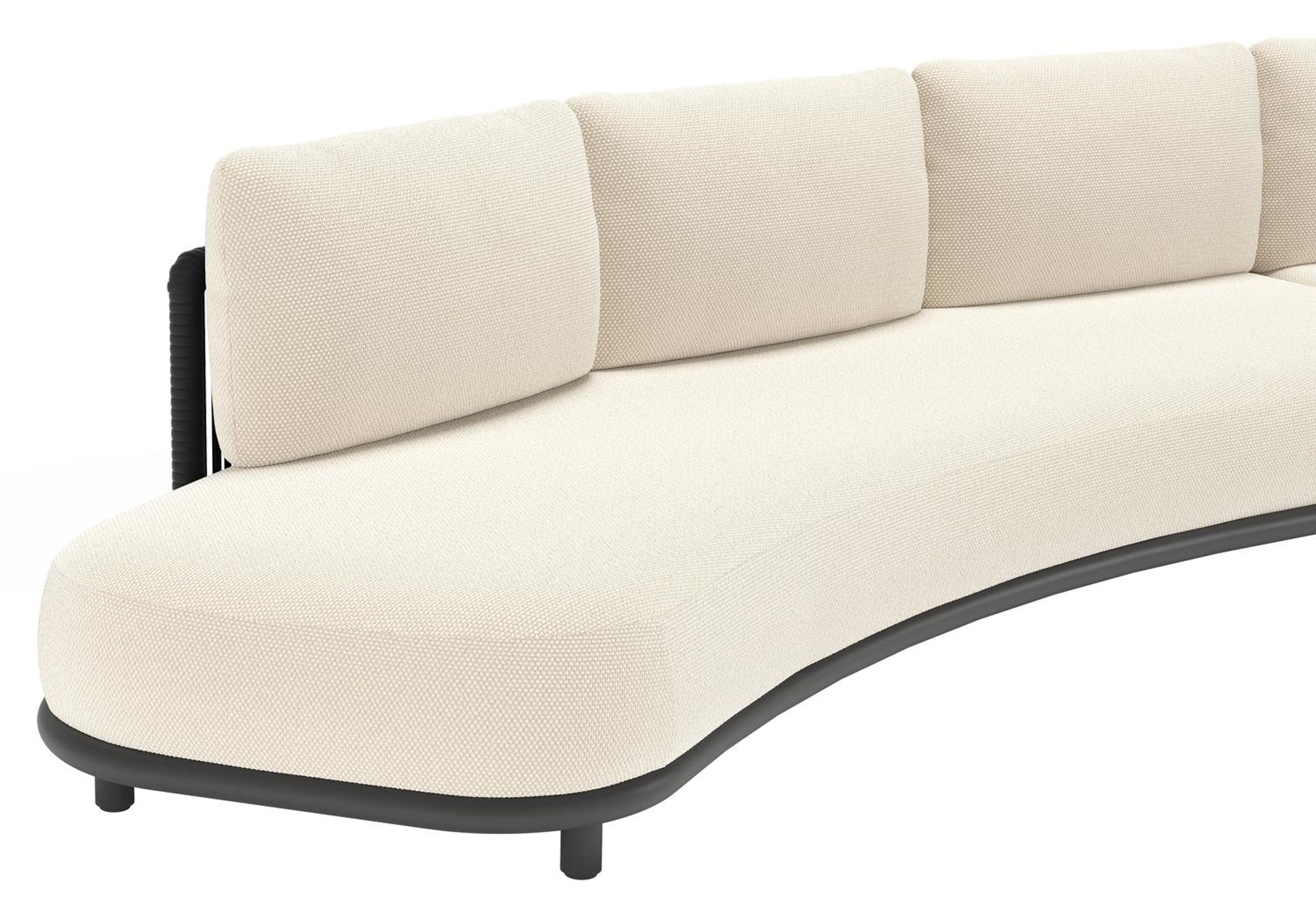 Lomano loungehoek in zwart aluminium en zwart verticaal geweven luxe vlakke rope met althea off white all weather cosytica kussen