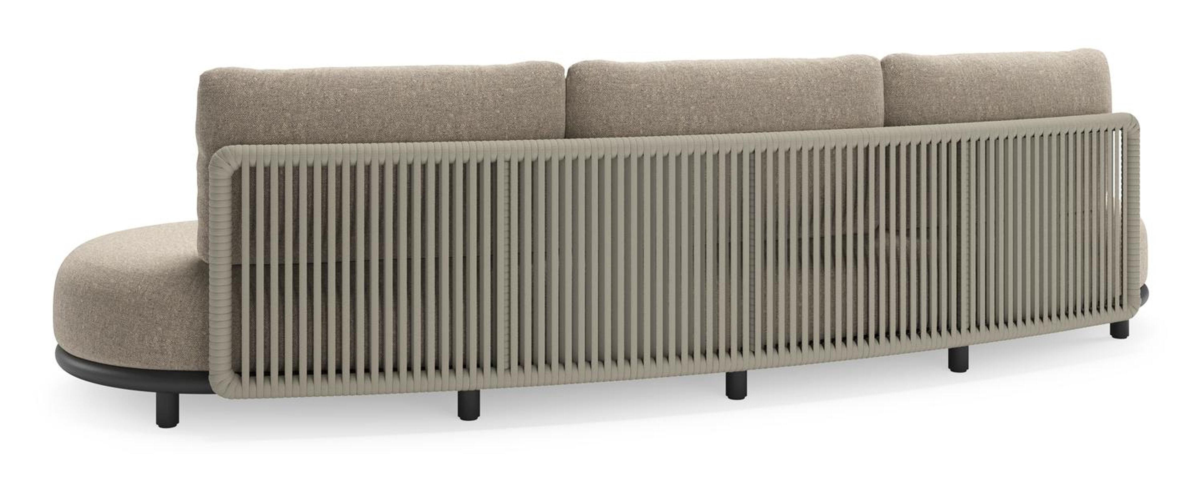 Lomano loungebank in zwart aluminium en beige verticaal geweven luxe vlakke rope met Chartres Pewter all weather sunbrella® luxe