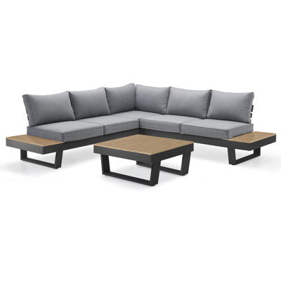 Salon de jardin d'angle Alora en aluminium noir et polywood avec coussin en gris polyester et table basse