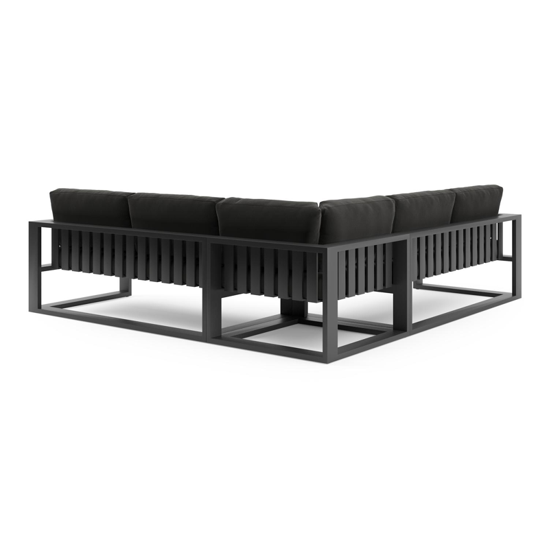 Salon de jardin d'angle Verato en aluminium noir et coussins en all weather sunbrella® luxe natte sooty