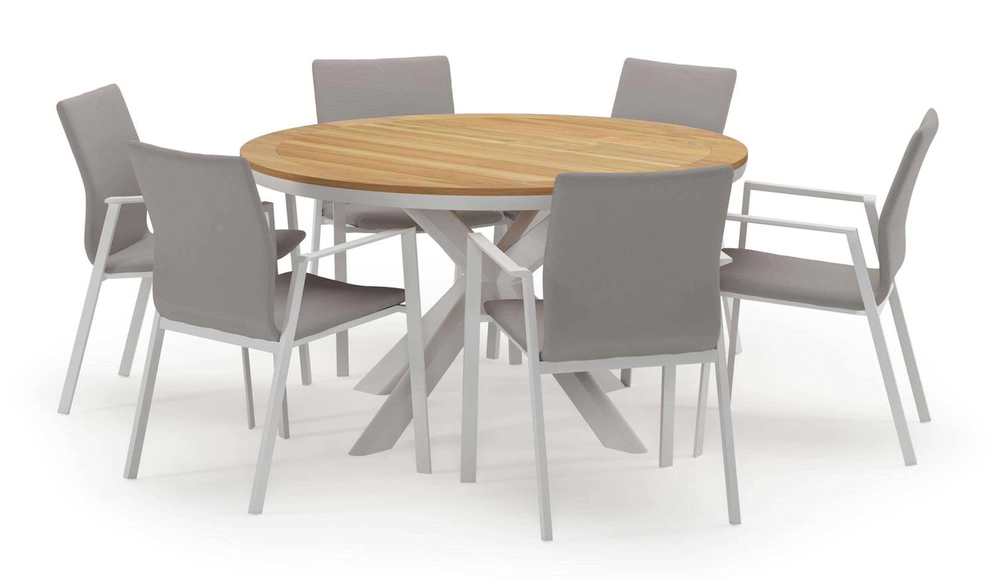 Pamplona ronde tuinset in wit aluminium en teak naturel met 6 Madura tuinstoelen