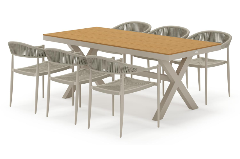Bahia tuinset rechthoekig in beige aluminium en polywood met 6 Guarda tuinstoelen
