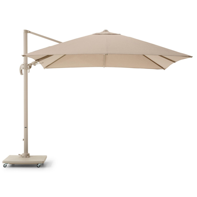 Avola zweefparasol met tiltfunctie in beige aluminium en rustic Weather+ Softtouch parasoldoek - L1 300 x L2 300 cm met Avola parasolvoet beige 90 kg