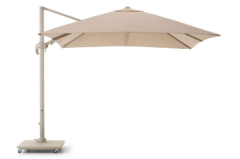 Avola zweefparasol met tiltfunctie in beige aluminium en rustic Weather+ Softtouch parasoldoek - L1 300 x L2 300 cm met Avola parasolvoet beige 90 kg