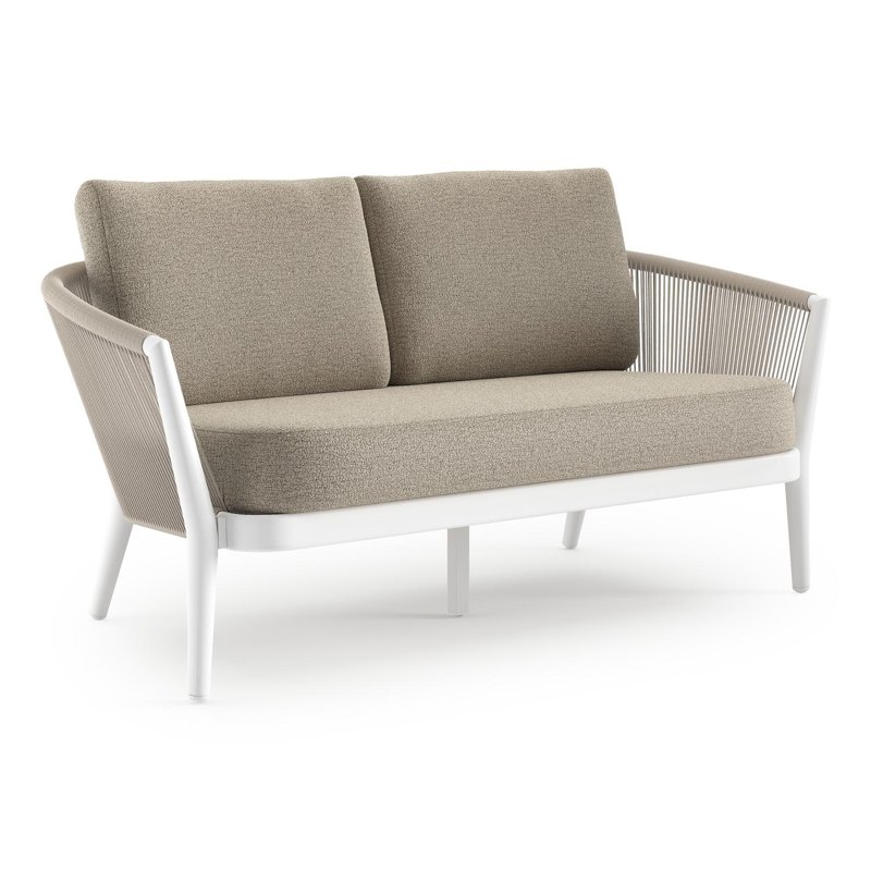 Canapé de jardin Orso en aluminium blanc en corde ronde tissée verticalement beige et coussins en all weather cosytica Catania Beige