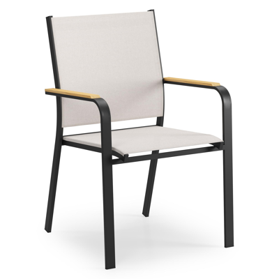Amalfi tuinstoel in zwart aluminium en beige single textilene met teak armleuning