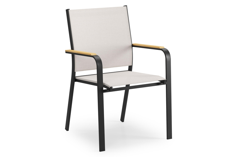 Chaise de jardin Amalfi en aluminium noir et textilène simple beige avec accoudoirs en teck