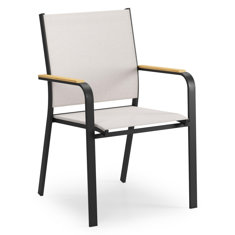 Amalfi tuinstoel in zwart aluminium en beige single textilene met teak armleuning