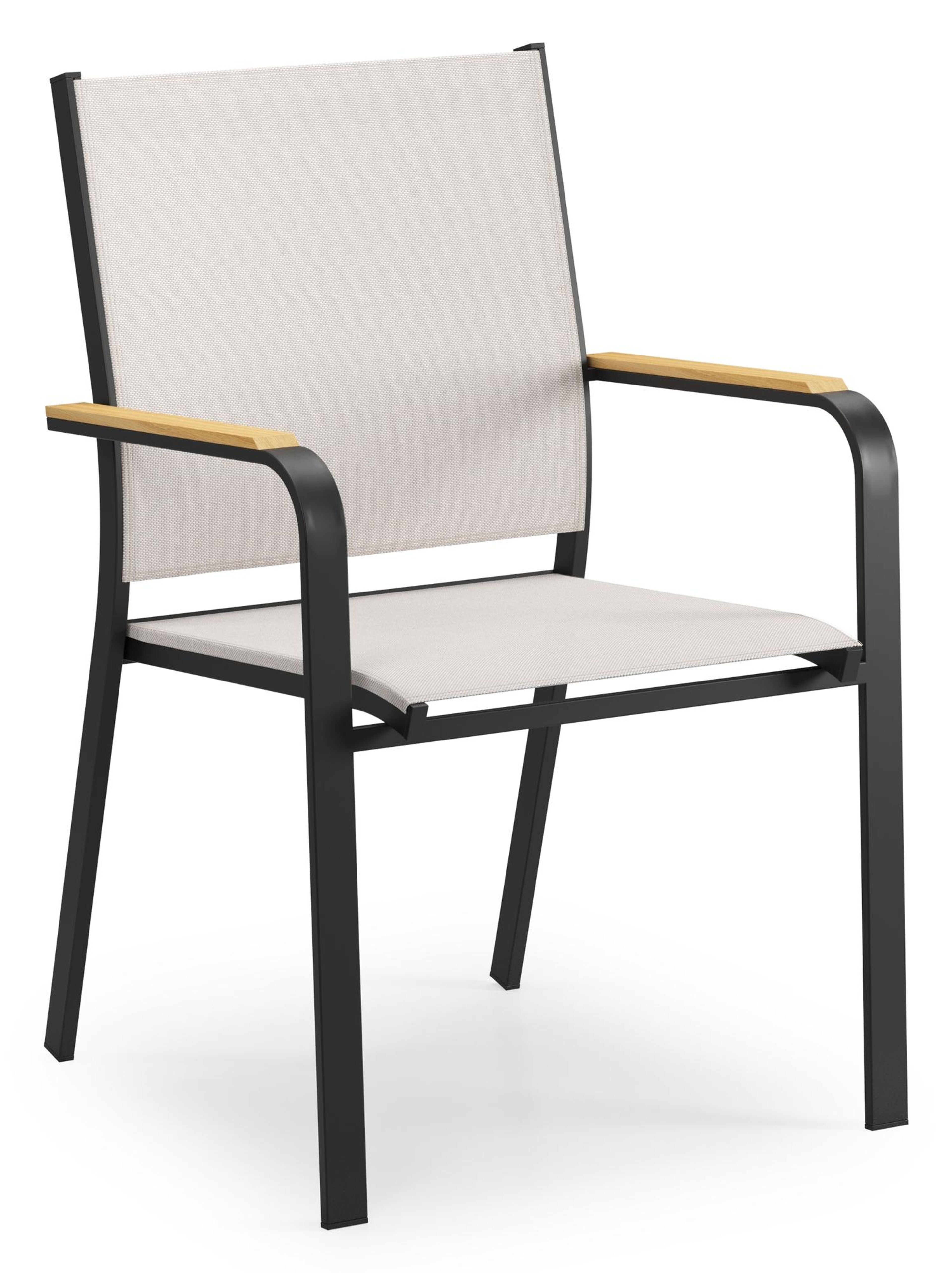 Amalfi tuinstoel in zwart aluminium en beige single textilene met teak armleuning