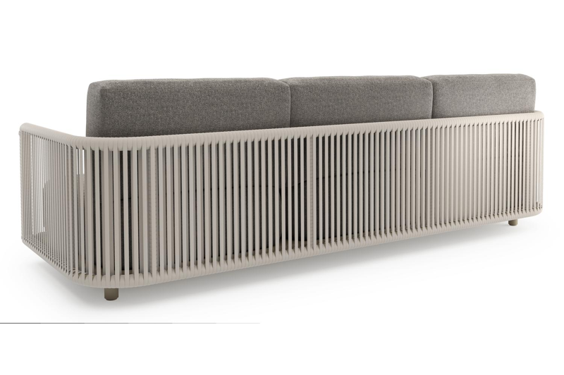 Organo loungebank in beige aluminium en beige verticaal geweven luxe vlakke rope met chartres drizzle all weather Sunbrella® luxe kussen