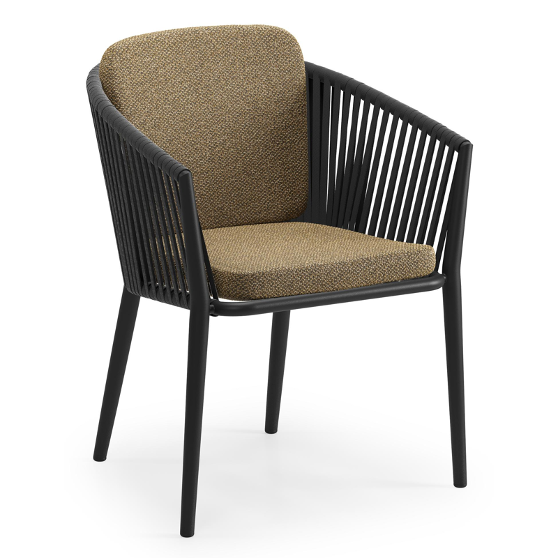Chaise de jardin Orso en aluminium noir et corde plate tissée verticalement noir avec coussin en All Weather Cosytica Madagascar Walnut