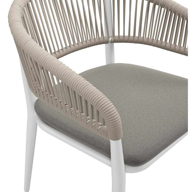Tolfa stapelbare tuinstoel in wit aluminium en beige verticaal geweven ronde rope met stoelkussen in All Weather Sunbrella® Luxe Natte Dark Taupe