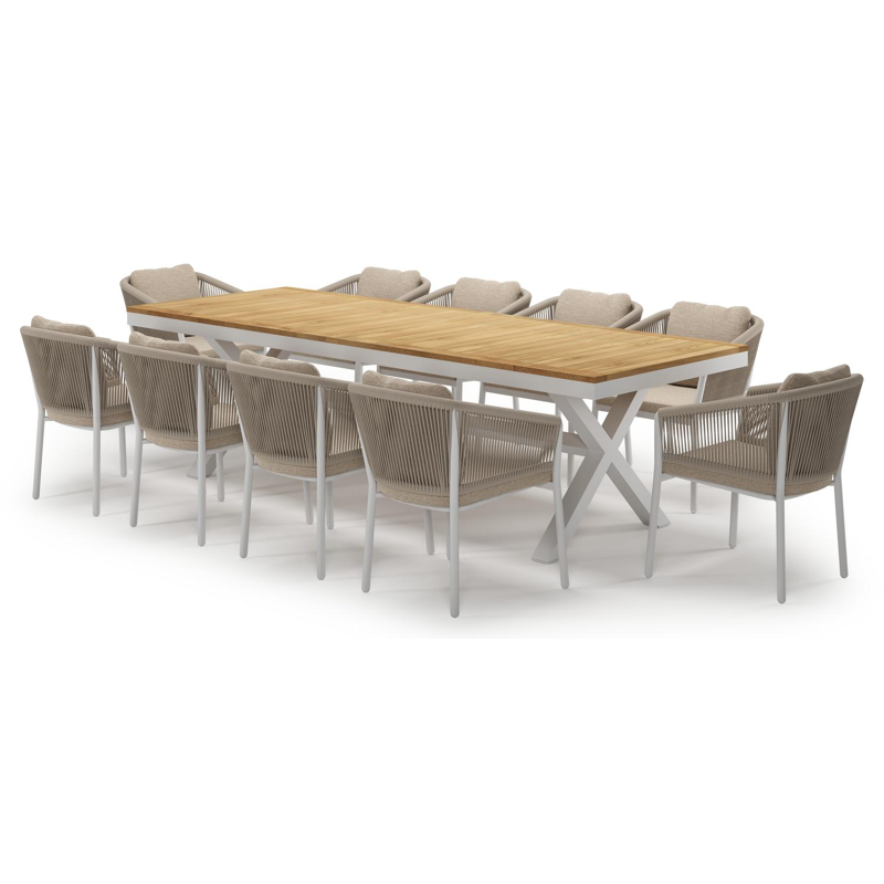 Ensemble de jardin Reza en aluminium blanc et teck avec 10 chaises de jardin Gerona