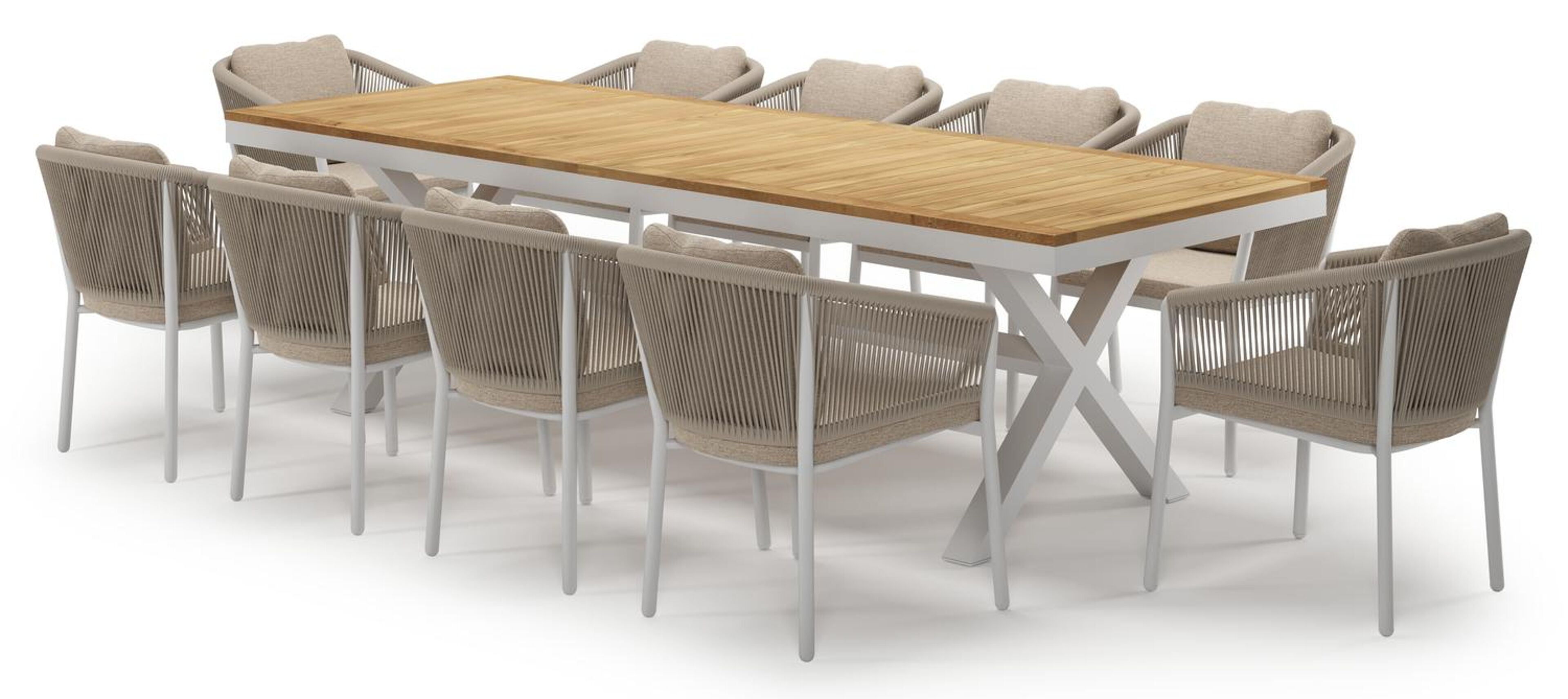 Reza tuinset in wit aluminium en teak met 10 Gerona tuinstoelen