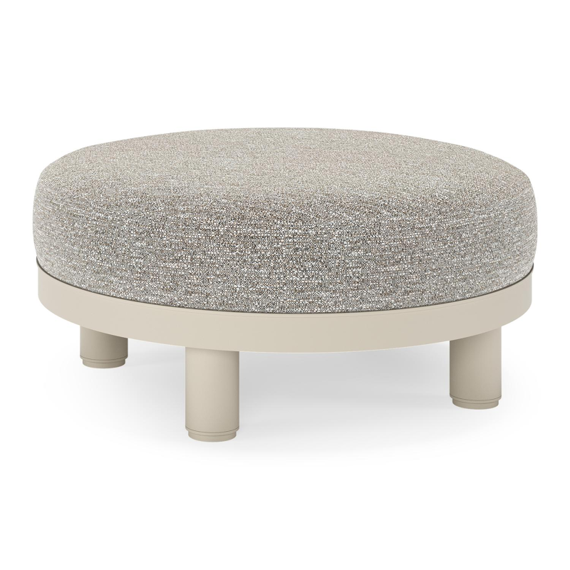 Salon de jardin pouf Donato en aluminium beige et coussins en all weather sunbrella® luxe Tundra Pepper