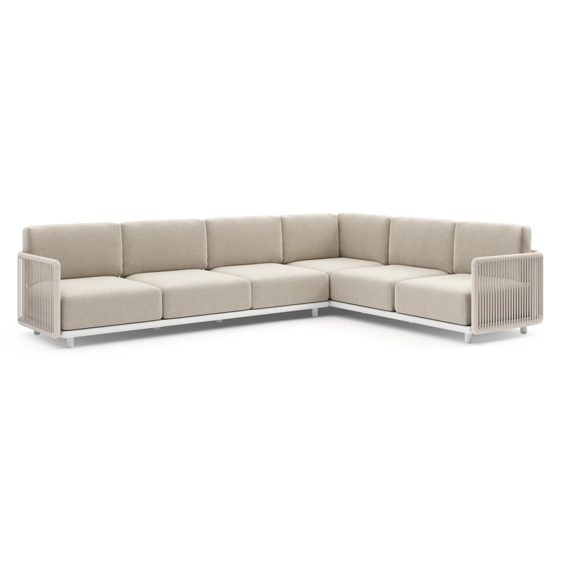 Salon de jardin d'angle Organo en aluminium blanc et corde luxe plate tissée verticalement beige et coussin en all weather Cosytica marbella ecru