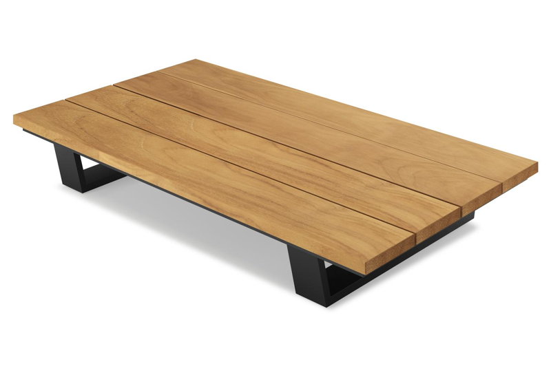 Table basse Pagino en aluminium noir et teck naturel - Lg 140 x larg. 79,5 x H 21 cm