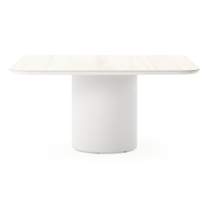 Amico tuintafel afgerond vierkant in wit aluminium en volkeramiek Travertino Bianco - L 148 x B 148 x H 73.5 cm