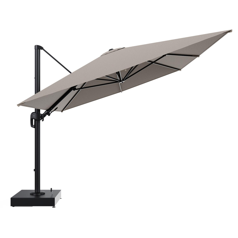 Rufina zweefparasol met tiltfunctie in zwart aluminium en Firenze Earth All Weather Solica parasoldoek - L1 400 x L2 300 cm met parasolvoet Minore 150 kg met wielen