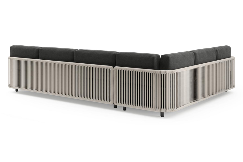 Organo loungehoek in zwart aluminium en beige verticaal geweven luxe vlakke rope met chartres sooty all weather sunbrella® luxe kussens