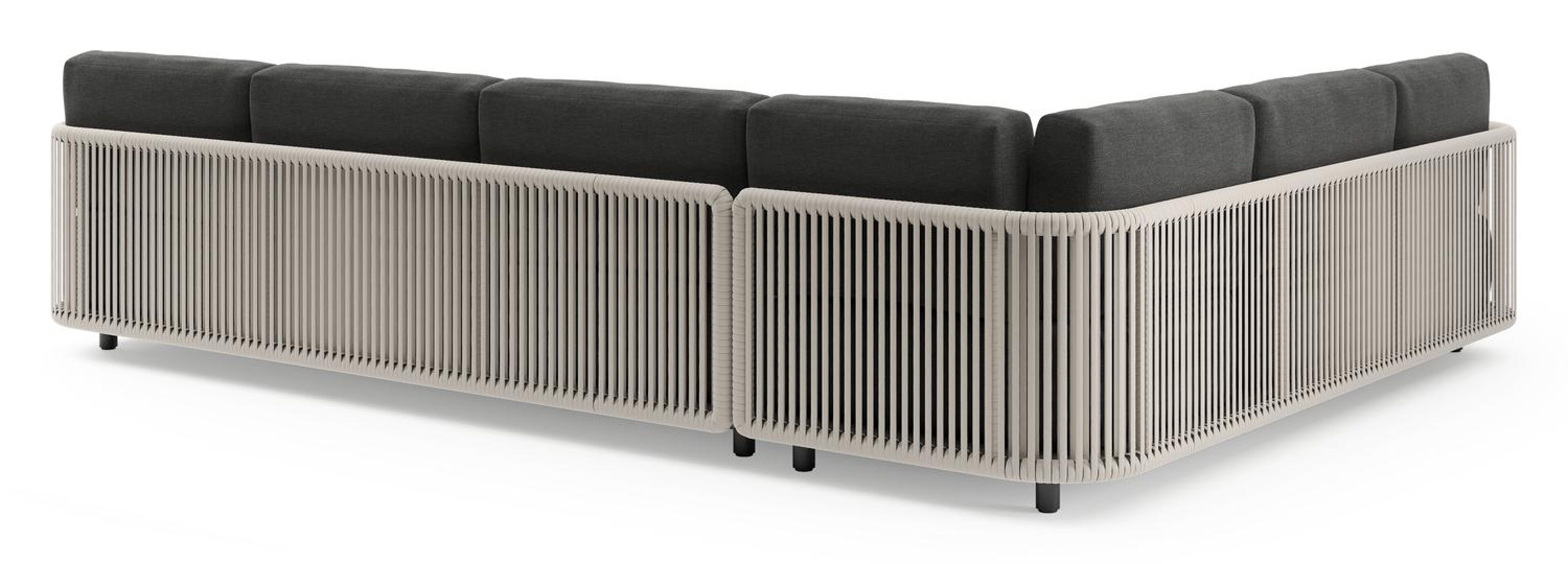 Organo loungehoek in zwart aluminium en beige verticaal geweven luxe vlakke rope met chartres sooty all weather sunbrella® luxe kussens