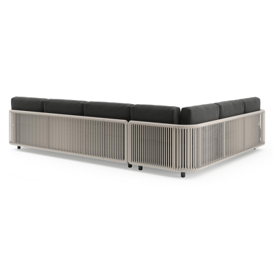 Organo loungehoek in zwart aluminium en beige verticaal geweven luxe vlakke rope met chartres sooty all weather sunbrella® luxe kussens