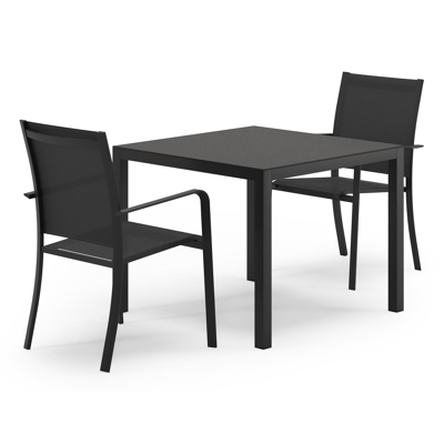 Feltro tuinset in zwart aluminium en sintered stone Notte minerale met 2 Calobra tuinstoelen