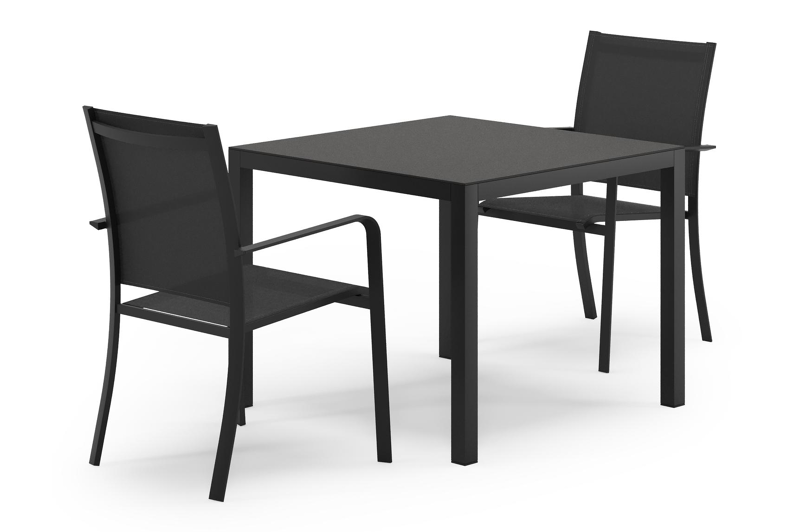 Feltro tuinset in zwart aluminium en sintered stone Notte minerale met 2 Calobra tuinstoelen