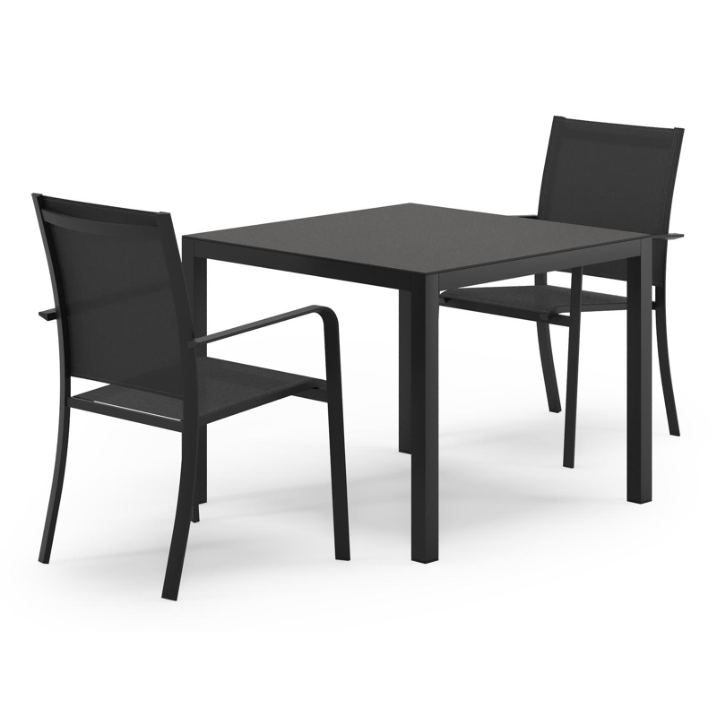 Feltro tuinset in zwart aluminium en sintered stone Notte minerale met 2 Calobra tuinstoelen