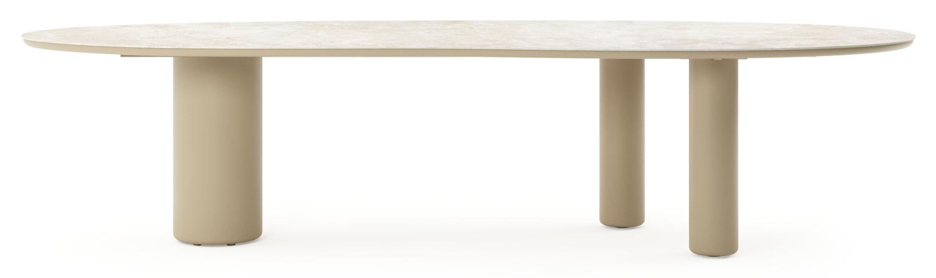 Table de jardin Amico organique en aluminium beige et céramique pleine Rapolano - Lg. 320 x Lrg. 120 x Haut. 73.5 cm